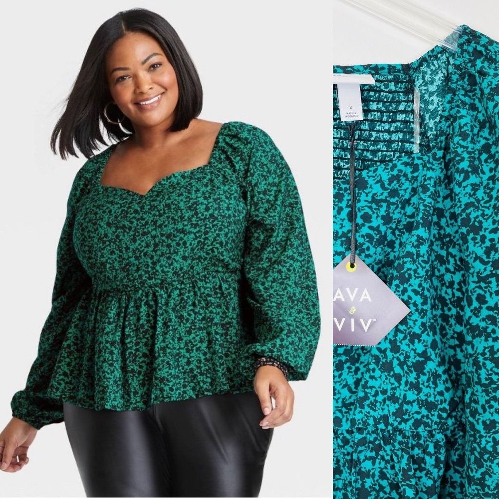 Ava & Viv Women's Top Size X 14W Green Peplum Floral Print Long Sleeve Plus New